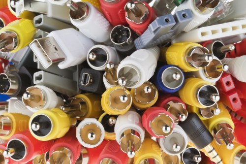 A close-up view of an assortment of discarded electronic and plastic connectors, including various types of power plugs and adapters in multiple colours such as yellow, white, black, red, and grey. The connectors are piled together, with some partially overlapping others, displaying different shapes and sizes. The textures range from smooth plastic to slightly textured or ribbed surfaces. The image appears to be taken outdoors, possibly on a driveway or pavement, with the connectors arranged in a somewhat chaotic manner. In the background, additional connectors and wires are visible, hinting at a collection of electrical waste awaiting removal. The visual context relates to waste management, specifically the disposal of electronic rubbish, which Garden Clearance Lee may assist with by removing such items from residential or commercial properties in Lee and the surrounding areas.